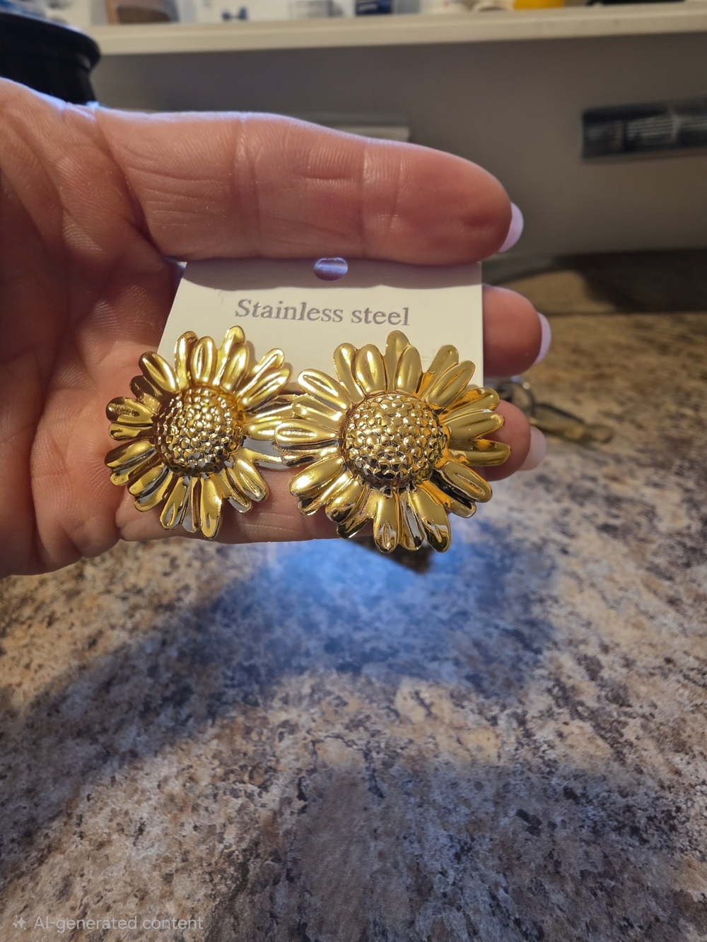 Brand New, Gold Sunflower Stainless Steel Post Earrings - Floral Statement
